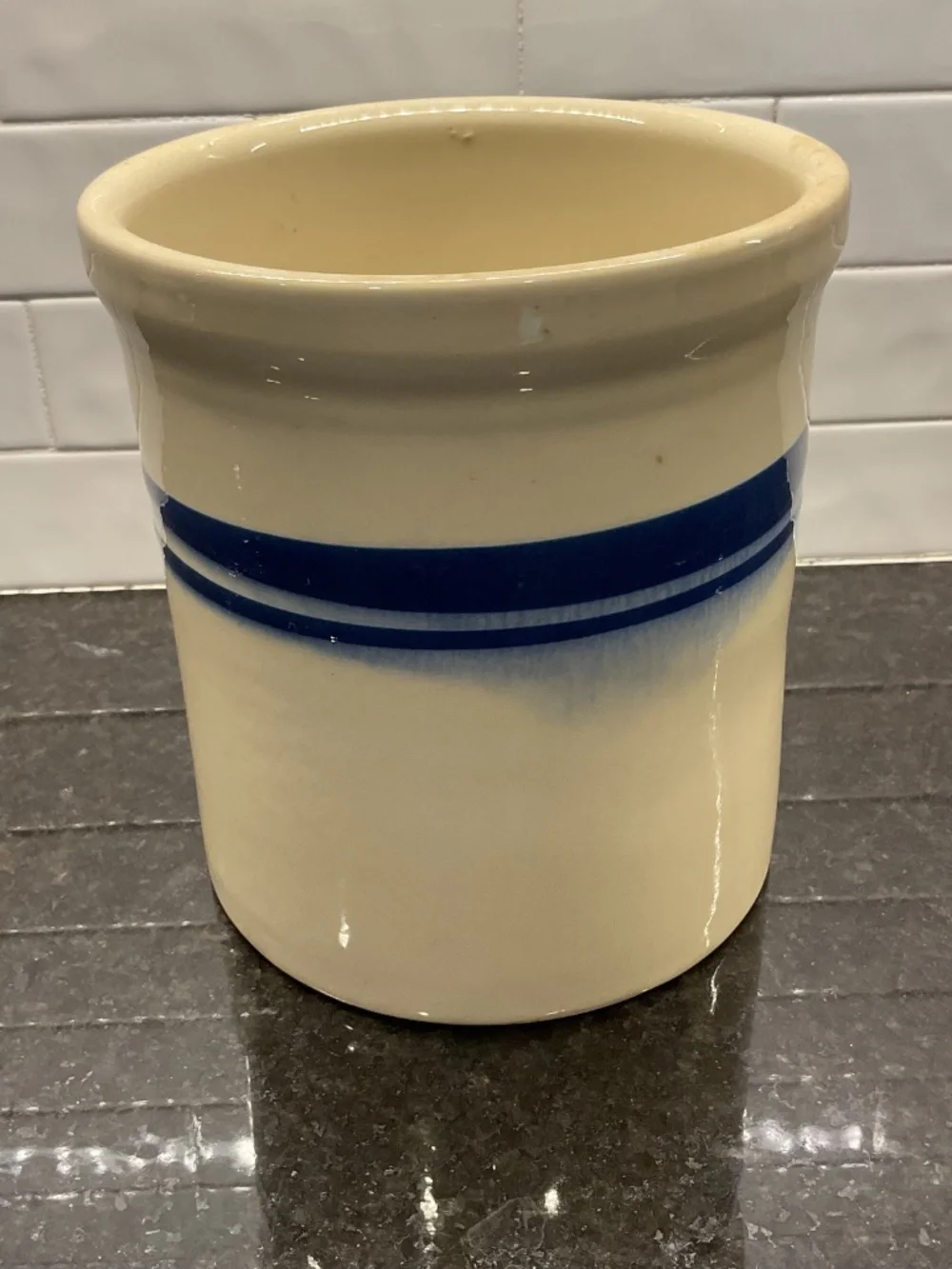 Pottery Crock Blue Stripe 2 Quart Utensil Holder